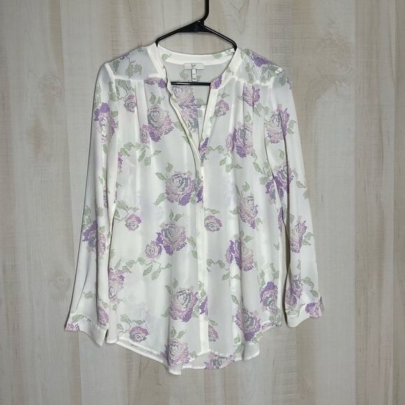 Joie white silk blouse with lavender purple flowers, long sleeve,‎ size XS - Picture 8 of 16